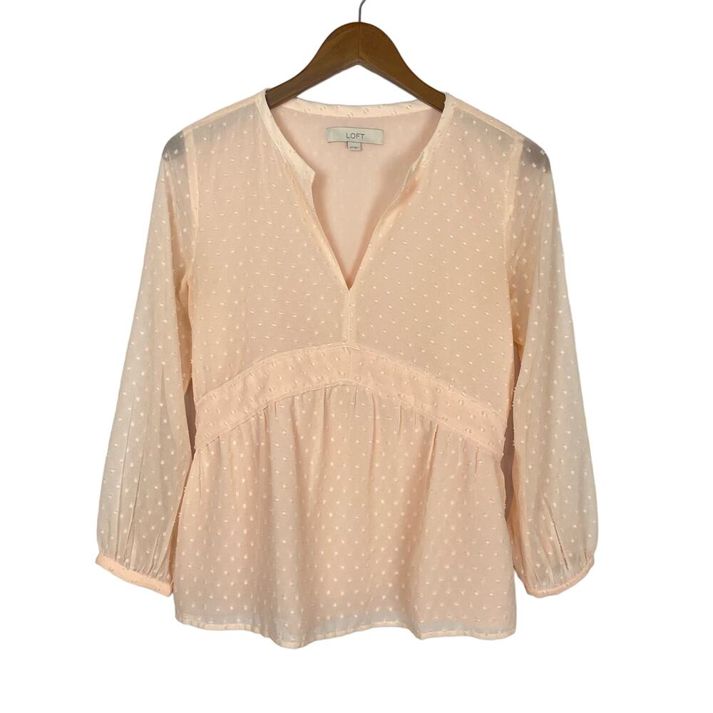 LOFT Pastel Peach Swiss Dot Sheer Long Sleeve Peplum Feminine Babydoll Blouse